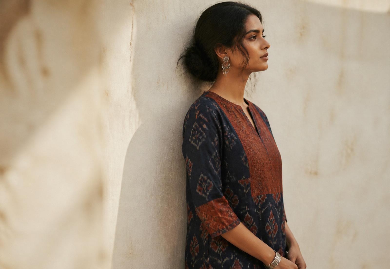 Woman wearing a handwoven Sambalpuri ikat kurti